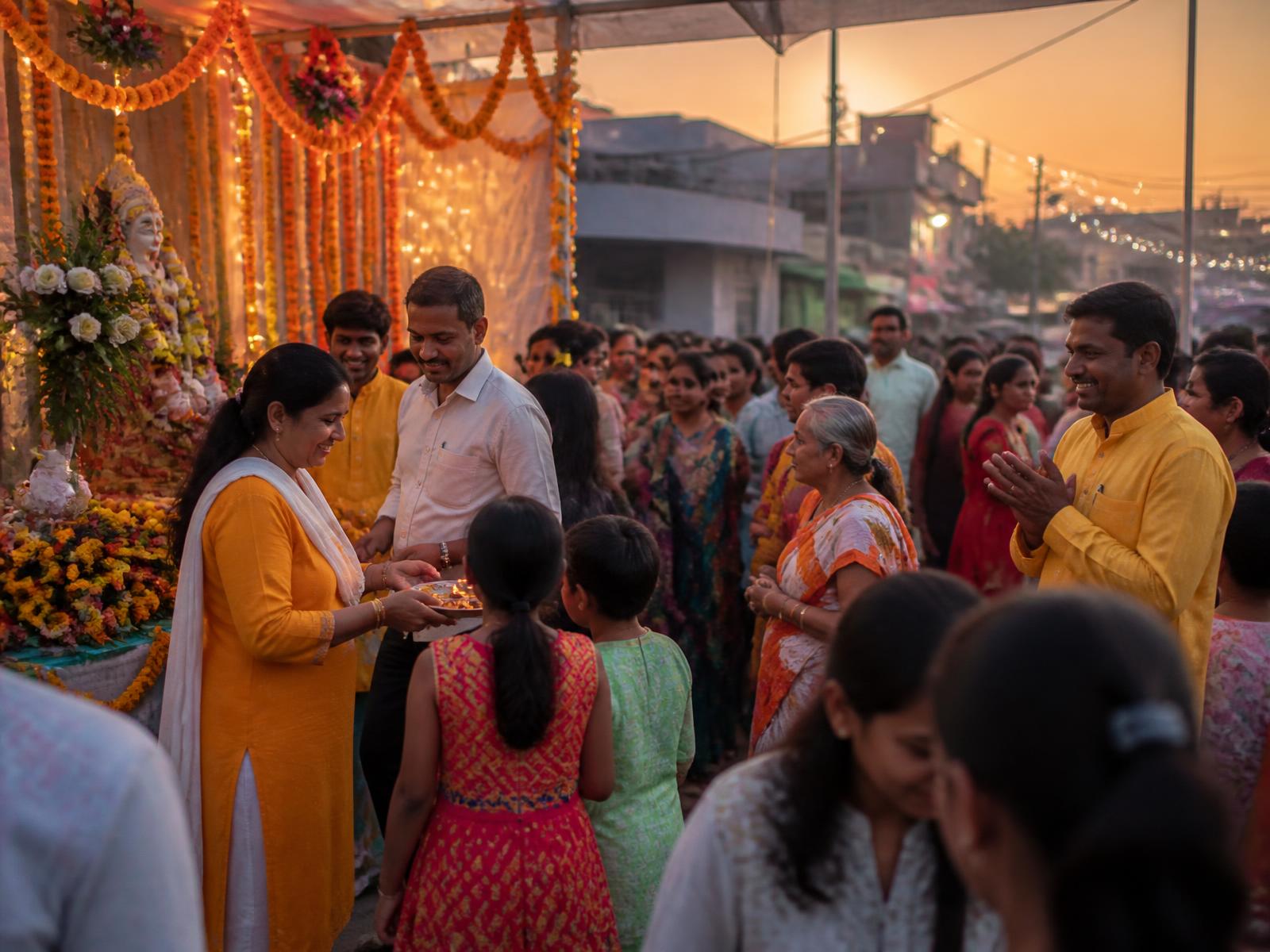 Neighbours gathered at a decorated community festival pandal at dusk